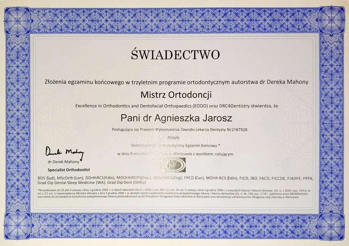 Świadectwo Mistrz Ortodoncji – GradDipClInDent(Ortho)