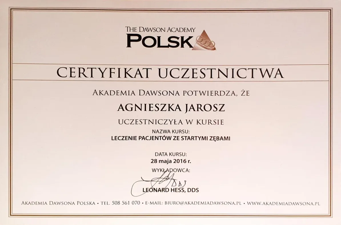 Certyfikat Uczestnictwa – Akademia Dawsona Polska, Leczenie pacjentów ze startymi zębami (2016)