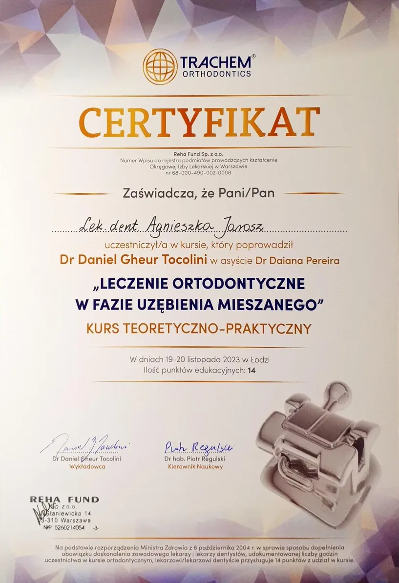 Certyfikat TRACHEM – Leczenie ortodontyczne w fazie uzębienia mieszanego (2023)