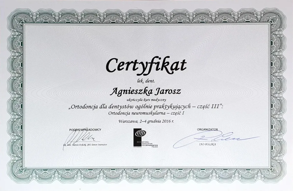 Certyfikat IAO – Ortodoncja neuromuskularna cz. III (2016)